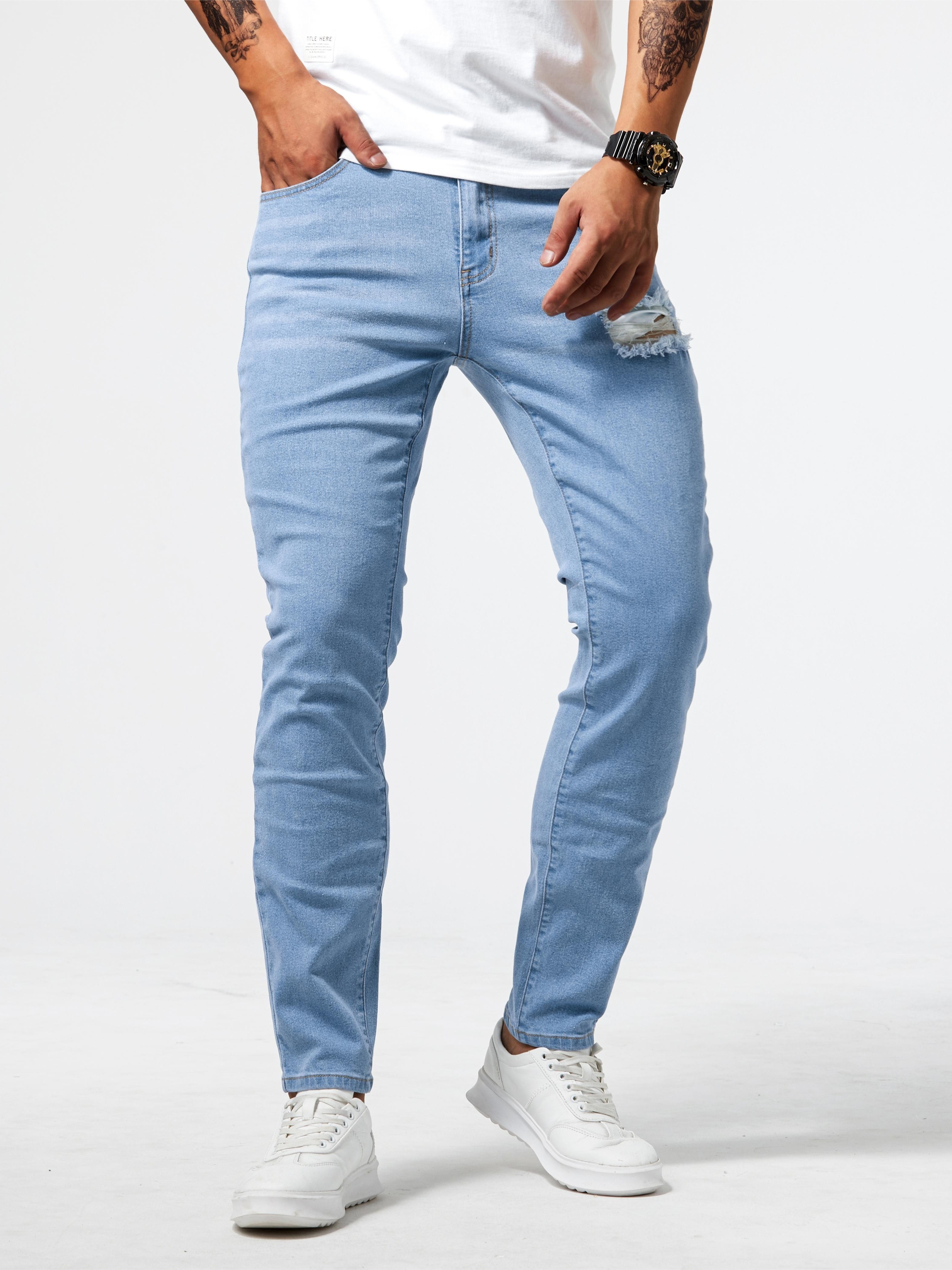mens casual light blue ripped denim jeans details 11