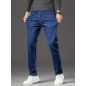 Men's Stylish Comfy Solid Fleece Denim Trousers With Pockets, Casual Breathable Slim-fit Jeans For City Walk Street Hanging Outdoor Activities